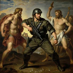 colin farrell as a navy seal, in battle, greek mythology, oil reinassance painting by cornelis van poelenburgh and dosso dossi, ultra detailed, concept art, 8 k what