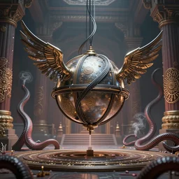 an immaculate render of a metallic sphere spawning cables and bird wings, floating in a temple surrounded by wild tentacles made from mandalas and incense smoke, powerful, cinematic, beautifully lit, by greg rutowski, by galan pang, 3 d, trending on artstation, octane render, 8 k