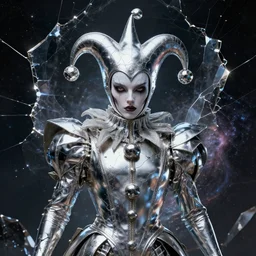 impressive entrancing front!! shot photo of a court jester character fine portrait fine portrait mesmerizing hyper cubes platinum cracked dark future dimensional space galactic crystal nebula edges elegant detailed intricate concept artstation sharp focus ray tracing cinematic masterpiece temporal corruption beeple wlop germ 8 4 k scifi glossy hyper realistic illustration canon eos r 3 fujifilm x - t 3 0 sony alpha