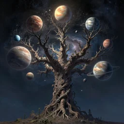 a cosmic yggdrasil with planets hanging from the branches by caspar david friedricht, digital art, artstation, low angle, high detail, intricate, wide shot,