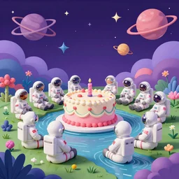 twelve astronauts sitting by the river with a big holiday cake + psychedelic vegetation + purple, pink, blue + planets and stars + mystical fog, vintage sci - fi style of the 5 0 s, rule of the third!!!!, line graphics, 8 k, super detail, high quality