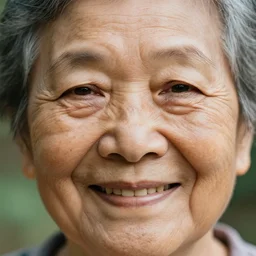 an extreme close-up of a smiling old woman