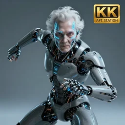 a beautiful portrait of a cyborg elder with futuristic cybernetic glowing war face paint, dynamic pose, sci - fi, cyberpunk by ruan jia, roger dean, rene magritte, trending on artstation, award winning, 8 k