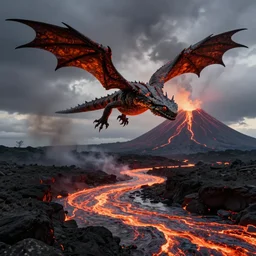 a wyvern flying over a river of lava near a volcano