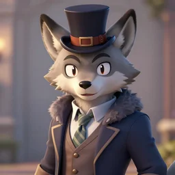 one fursona of wolf, gentleman with happy face, with top hat in, digital art, unreal engine 6, ray tracing