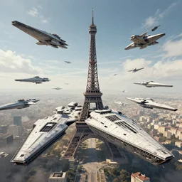 a fleet of brutalist starships appearing in the skies over paris. cg render, 4 k, landscape.