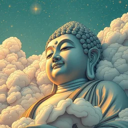 a geof darrow and victo ngai art work. a close up view of a sci - fi chinese buddha statue in clouds. waves of stars. ultra clear detailed.