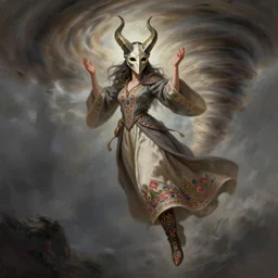 character concept art of sorceress wearing half horned mask flying inside a tornado, full body shot, gown, wearing embroidered boots, raised hands, fantasy painterly style, intricate details, artwork by ross tran, artgerm, eimbrodered clothing