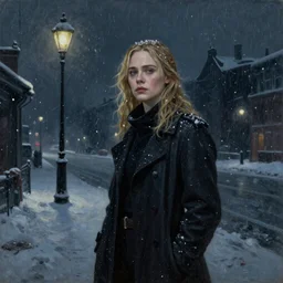 Elle Fanning in Dark Souls in the world of Edward Hopper, stormy snowy weather, streetlights, extremely detailed masterpiece, oil on canvas, low-key neon lighting, artstation, Blade Runner 2049, Roger Deakin’s cinematography, by J. C. Leyendecker and Peter Paul Rubens,