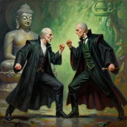 A very detailed surreal fantasy oil painting of Lord Voldemort fighting against Buddha by Manjit Bawa, trending on artstation, 4k.