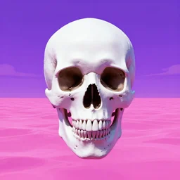 white skull hovering over a pink ocean witha a purple sky, synthwave vaporwave