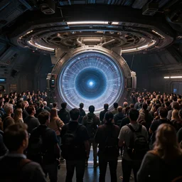 intergalactic stargate portal in the middle of a crowded room, with people all around it