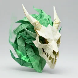 stunning origami god dragon skull portrait, skull, green fire, fantasy, intricate, elegant, highly detailed, digital painting, artstation, concept art, smooth, sharp focus, illustration, art by afshar petros and krenz cushart and artem demura and tony sandoval
