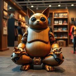 8 k octan, advertising, highly detailed, photo, a totally wooden figurine collectible art toys wooden on feet, very cute fat cyborg meditation zen with cat ears, cyberpunk, graffiti ratio, design, showroom dealership indoor display convention exhibition a contemporary art gallery masterpiece