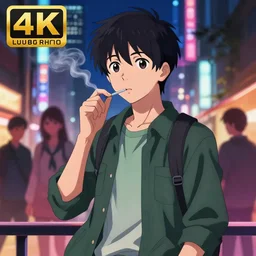 portrait of A teenager smoking, city background, rich vivid colors, ambient lighting, dynamic lighting, 4k, HQ, official media, anime key visual, makoto shinkai, ilya kuvshinov, lois van baarle, rossdraws, detailed, trending on artstation
