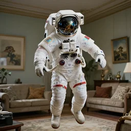 a single astronaut eva suit made with diamond 3d fractal lace iridescent bubble 3d skin and covered with insectoid compound eye camera lenses floats through the living room, film still from the movie directed by Denis Villeneuve with art direction by Salvador Dalí, wide lens,