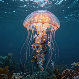 A forest city inside of a jellyfish underwater. Fantasy. light fixtures. 8K. detailed. photorealism. artstation. 25mm f/1.7 ASPH Lens. ultra realistic