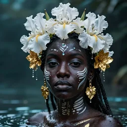 hyperrealistic magic realism cinematic very beautiful! black oshun goddess with white! iris, in water, yoruba body paint, mirror dripping droplet!, gold flowers, highly detailed face, digital art masterpiece, smooth robert steven connett eric zener dramatic teal light, ground angle uhd 8 k, sharp focus