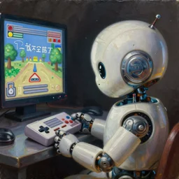 an elaborate cute robot holding a retro game controller in its hand, robot looking at video game shown in background, intricate details, hyperrealistic oil painting on canvas, deep depth field, hd, hdr, 4 k, 8 k, by gerardo dottori, oil on canvas