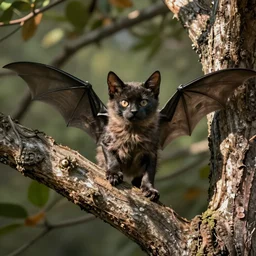 a bat kitten, in a tree, wings out, Nikon, telephhoto