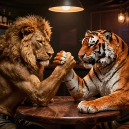 anthro lion and anthro tiger is arm wrestling in a dimly lit bar, matte painting trending on artstation 4K