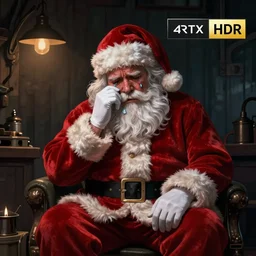 depressed santa claus sitting in his workshop crying. dimly lit. dark. 4 k rtx hdr volume light concept studio matte painting environement digital illustration style artstation artur tarnowski, mihai muscan, marcin tomalak, marta leydy,