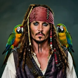 johnny depp as jack sparrow with a parrot on the shoulder, realistic portrait, 8k resolution, hyper detailed, studio lighting, cinematic