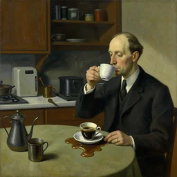 a painting of a professor making a study of drinking 1 0 cups of coffee into a droste effect, dark monday mood in a kitchen that is slowly melting, styled and painted by edward hopper and rene magritte