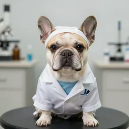 a cute female French bulldog wearing a scientist costume