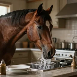 a horse doing the dishes in the kitchen, very detailed and sharp photorealistic, cinematic lighting