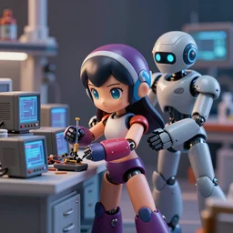 photo of figma figures inside a diorama of a laboratory : : a cute female robot in the style of mega man with long hair is repairing computers. she is being helped by a companion robot.