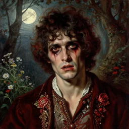 a handsome but sinister and creepy man in layers of fear, with haunted eyes, violence in his eyes, curly hair, 1 9 7 0 s, seventies, delicate embellishments, a little blood, woodland, moonlight shining on wildflowers, painterly, crimson, offset printing technique, by alexandre cabanel