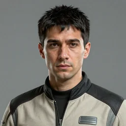 Highly detailed headshot of male sci-fi character portrait in his 30's, features between French, Turkish and Russian with short black hair on the sides and a fringe dressed in a beige and black jumpsuit, 4K Trending at Artstation HQ