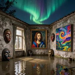interior of an old house flooded. african masks. aurora borealis. iridescent, psychedelic colors. painting by balthus, piero della francesca, agnes pelton, bosch, utamaro, monet