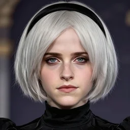 emma watson as 2 b from nier automata, accurate anatomy, pretty face, face close - up, highly detailed, digital art, concept art, stunning, centered, portrait, colored vibrantly, particles, illustrated by wlop