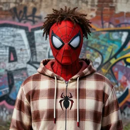 highly detailed portrait of a sewer spiderman, tartan hoody, ringlet hair by atey ghailan, by greg rutkowski, by greg tocchini, by james gilleard, by joe fenton, by kaethe butcher, gradient red, brown, cream and white color scheme, grunge aesthetic!!! ( ( graffiti tag wall background ) )