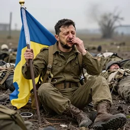 a caricature of Volodymyr Zelensky at war,  dressed like  a Vietnam war American soldier ,  sitting on the ground between dead corpses , crying and weeping, holding a half burnt  flag of Ukraine,  by Boris Yefimovich Yefimov