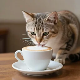photograph of a kitten drinking a cappuccino