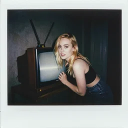 cursed found footage of Elle Fanning climbing out your TV at night, Polaroid, low-key neon lighting, film grain