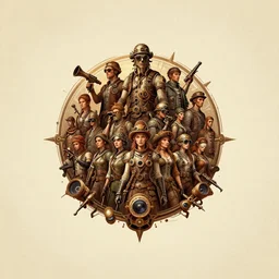 retro steampunk a big group of people logo in browns