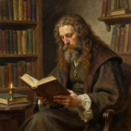 highly detailed 3 / 4 oil painting of a book reading alchemist, medieval bookstore background, featured on artstation