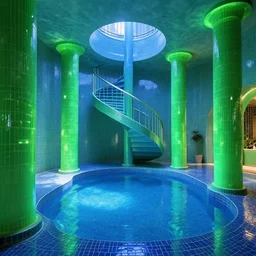 dreampool rooms, neon ceramic tiles, spiraling stairs, blue sunlight coming through columns of neon emerald