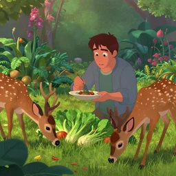 the doe came to eat in the garden, a garden with vegetables, deer eating grass, medium shot, waist up, pixar and disney animation, sharp, rendered in unreal engine 5, anime key art by greg rutkowski, bloom, dramatic lighting