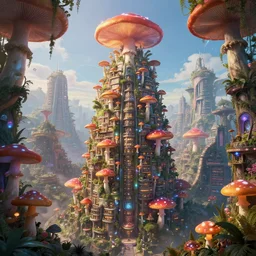 a single centered magnificent mushroom skyscraper hotel, heavily populated and full of life, bioluminescent magical mushrooms, mushroom fairy forest solarpunk city, unreal engine 5, immense sense of scale, digital art, by beeple, by noriyoshi ohrai, trending on artstation