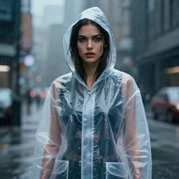 a realistic portrait of a beautiful woman wearing a futuristic transparent raincoat with hoodie in a dystopian city, raining by syd mead
