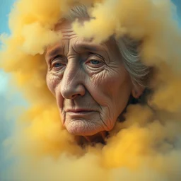 crying old ukrainian woman!!!!, fully covered in yellow and blue clouds!!!, disarming, enchanting, fragile, hopeful, cloudcore, portrait, by kim keever
