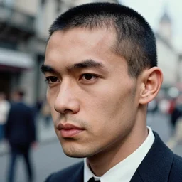ektachrome, 3 5 mm, highly detailed : incredibly realistic, perfect features, healthy skin tones, buzz cut, beautiful three point perspective extreme closeup 3 / 4 portrait photo in style of chiaroscuro style 1 9 7 0 s frontiers in flight suit cosplay paris seinen manga street photography vogue fashion edition