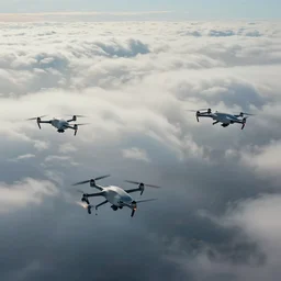 cinematic areal shot of three drones baykar flying through the clouds