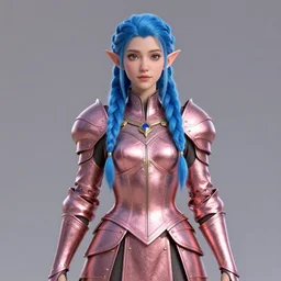 portrait of a regal elf with long blue braided hair wearing a rose gold cuirass, 3 d render by mandy jurgens, artgerm, and lu ji, centered, artsation contest winner, cgsociety, fantasy art, cryengine, concept art, photorealism, daz 3 d, sketchfab, zbrush, vray