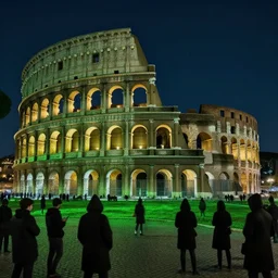 at night, the sky over the colosseum in rome is covered in a green niantic ingress field, while a group of hooded people surrounds the area